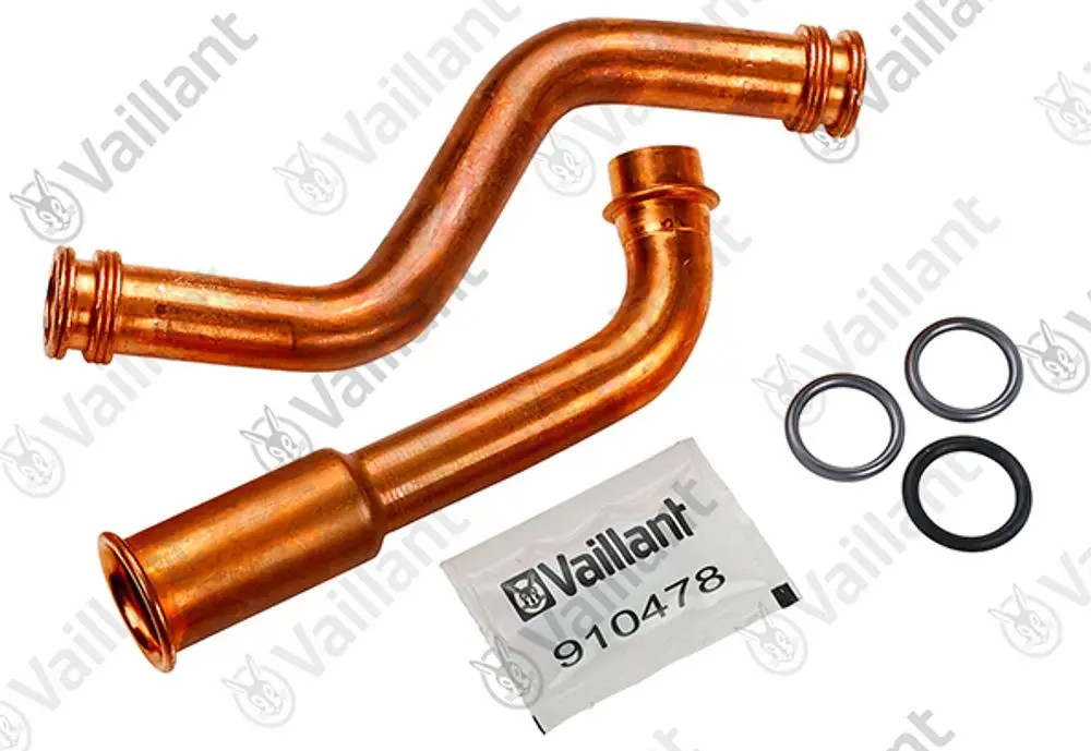 Vaillant Rohrset mit zwei kupferfarbenen Rohren und drei O-Ringen, auf einem weißen Hintergrund präsentiert.